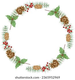 Merry Christmas frame with red poinsettia flowers, Holly, leaves, berries, pine, fir, green twigs on white background. New Year floral composition for greeting cards, design.