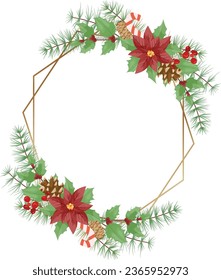 Merry Christmas frame with red poinsettia flowers, Holly, leaves, berries, pine, fir, green twigs on white background. New Year floral composition for greeting cards, design.