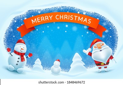 Merry Christmas Frame. Santa Claus and Snowman blue background. Vector Illustration