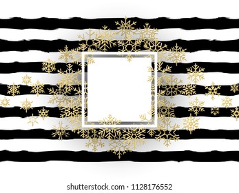 Merry Christmas frame with shining gold glittering snowflakes in white frame on striped black and white background. EPS 10