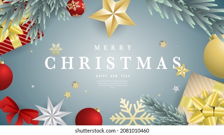 Merry Christmas frame with star and red ball , Christmas element￼ in winter seasons, on blue background, Flat Modern design, illustration Vector EPS 10