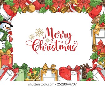 Merry Christmas frame sticker colorful with New Year gifts and snowman or bells on borders around text vector illustration