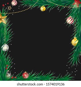 Merry Christmas frame template design with Christmas ball, fir branches, berries, stars. Vector illustration.