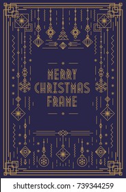 Merry Christmas frame template with new year toy art deco line style gold color on cyan background for poster, party, flyer, greeting card, invitation. Vector Illustration