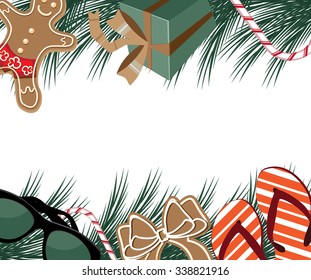 Merry Christmas frame for a warm locale, with sunglasses, flip flops and gingerbread man wearing board shorts. EPS 10 vector royalty free illustration.