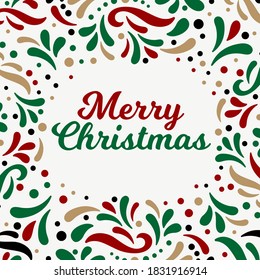 Merry Christmas frame. Xmas holiday vector emblem. The inscription in a square frame with pattern and ornament. Retro style. Merry Christmas greeting logo. Green, red, black and gold colors