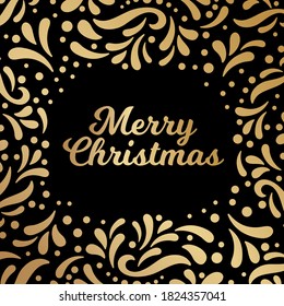 Feliz marco navideño. emblema vectorial de Navidad, viñeta. La inscripción en marco cuadrado con patrón dorado y adorno. Estilo retro. Logo del saludo de Navidad. Decoración navideña en negro, dorado