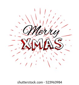 Merry Christmas free typography lettering with vintage sun star burst frame. Holiday concept vector background, holiday wish and vintage label. Seasonal text design.