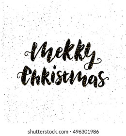 Merry Christmas - freehand ink hand drawn calligraphic design for Xmas greetings cards, invitations. Handwritten calligraphy on black subtle ink spotted texture background. Vector illustration.