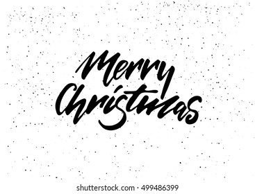Merry Christmas - freehand ink hand drawn calligraphic design for Xmas greetings cards, invitations. Handwritten calligraphy on black subtle ink spotted texture background. Vector illustration.
