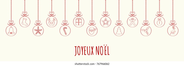Merry Christmas in French (Joyeux Noel) - concept of card with decoration. Vector.
