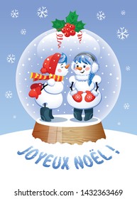 Merry Christmas In French Language. A cute Christmas Snow Globe with a Kissing snowman inside. Vector illustration.