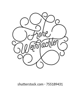 Merry Christmas Frohe Weihnachten flourish calligraphy lettering of swash line typography for German greeting card design. Vector festive ornamental quote Christmas holiday text outline swirl pattern.