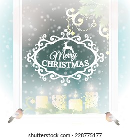 Merry Christmas. Frosted window with Christmas decoration. Vector illustration.