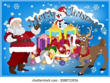 Merry Christmas. Full gifts boxes  with Santa Claus ,snowman and reindeer hold  the lists.  Holiday banner, web poster, flyer, stylish brochure, greeting card, cover. Element Xmas background.