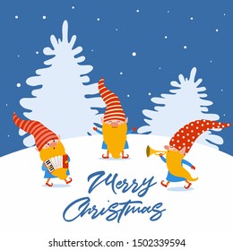 Merry Christmas. Fun holiday card of cute gnome musicians. Vector illustration. Can be used for banner, poster, greeting card, postcard and print.