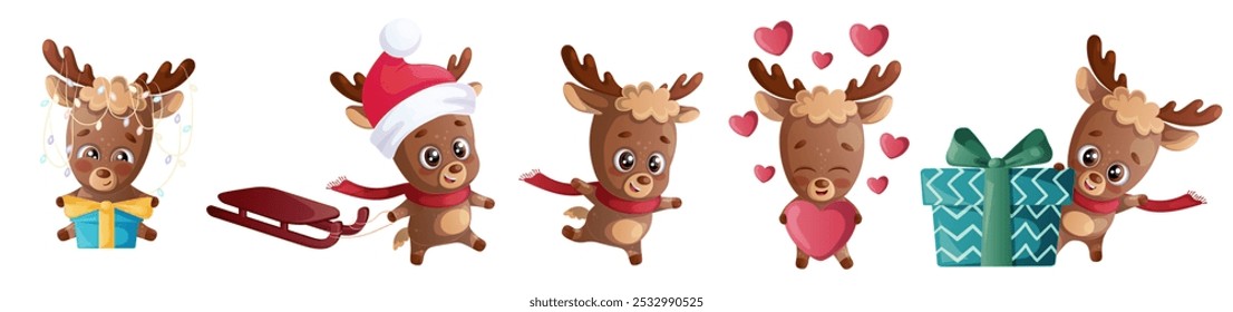 Merry Christmas. A fun set of activities for the happy deer. Christmas card, banner, flyer design with cartoon vector illustration