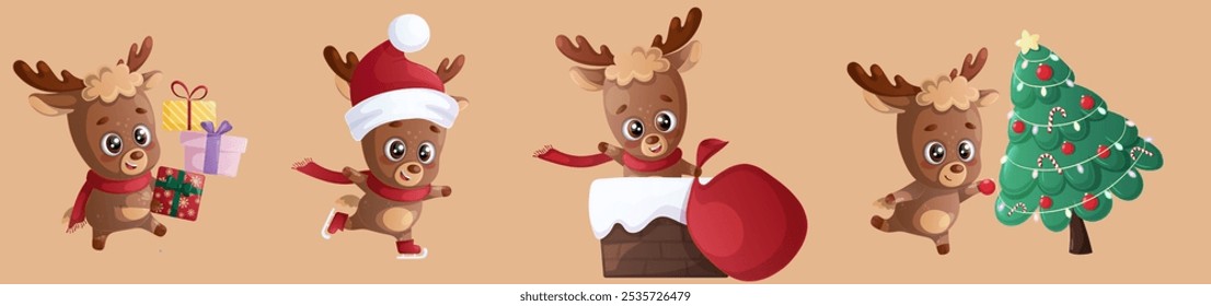 Feliz Natal. Um divertido conjunto de atividades para o veado feliz. Cartão de Natal, banner, design de panfleto com ilustração de vetor de desenho animado