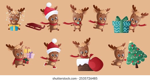 Feliz Natal. Um divertido conjunto de atividades para o veado feliz. Cartão de Natal, banner, design de panfleto com ilustração de vetor de desenho animado