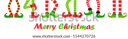 Merry Christmas funny background or banner wit elves feet set in different poses, vector illustration. Collection of cute elf legs, boots.  Santa helpers shoes and pants. Isolated on white background