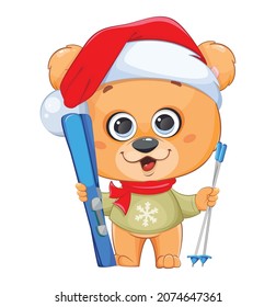 Merry Christmas. Funny bear in Santa hat holding skis. Cute little bear cartoon character