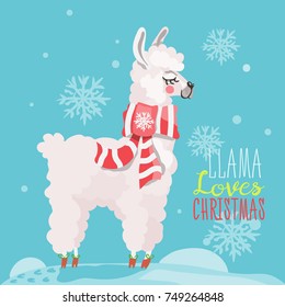 Merry Christmas funny card. Cute, hand drawn llama in cartoon flat style. Beautiful and funny white llama with Christmas traditional red scarf on snowy blue background with falling snowflakes