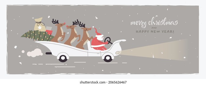 Merry christmas funny card with santa claus and reindeer in car. Greeting horizontal postcard in flat design. Vector hand drawn illustration