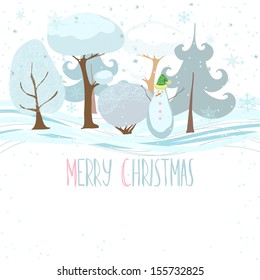 Merry Christmas. Funny cartoon background with cute snowman and trees.