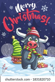 Merry Christmas Funny Cartoon Bull In The Night. For Print On Demand, Powerpoint And Keynote Presentations, Advertisements And Commercials, Magazines And Newspapers, Book Covers.