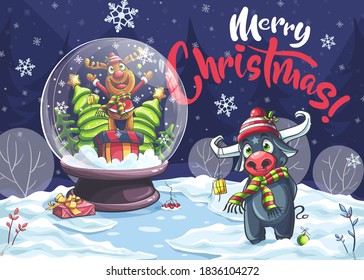 Merry Christmas Funny Cartoon Deer, Bull In The Night. For Print On Demand, Powerpoint And Keynote Presentations, Advertisements And Commercials, Magazines And Newspapers, Book Covers.