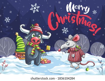 Merry Christmas Funny Cartoon Mouse, Bull In The Night. For Print On Demand, Powerpoint And Keynote Presentations, Advertisements And Commercials, Magazines And Newspapers, Book Covers.