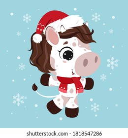 Merry Christmas! Funny cow character on blue snowy background. Card in cartoon style. Vector illustration.