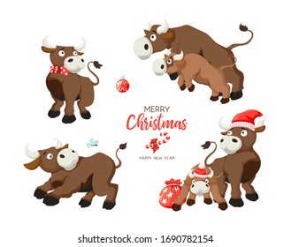 Merry Christmas Funny cow  set on white background. Card cartoon style elements collection. Vector design element for banner, poster, flyer, greeting card