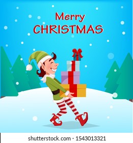 Merry Christmas. Funny Elf carries gift boxes. Santa Claus helper Elf. Cartoon character. Vector illustration