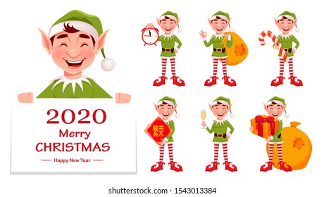 Merry Christmas. Funny Elf, set of seven poses. Santa Claus helper Elf. Cartoon character. Vector illustration. Lettering translates as Prosperity.