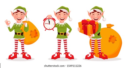 Merry Christmas. Funny Elf, set of three poses. Santa Claus helper Elf. Cartoon character. Vector illustration