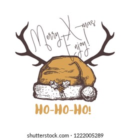 Merry Christmas funny emblem, logo, lable or badges. Festive happy holiday vector hand drawn illustration with santa hat and deer horns