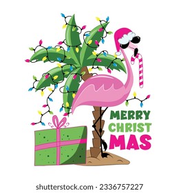 Merry Christmas - Funny flamingo in Santa hat, and candy cane. Palm tree with Christmas lights garland and gift box. Good for T shirt print, poster, greeting card, and other decoration for Xmas.