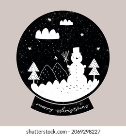 Merry Christmas. Funny Fluffy Snowman Among Snowy Trees and Mountains. Lovely Christmas Snowball with Cute Snowman on a Black Background. Winter Holidays Vector Illustration for Card, Decoration.