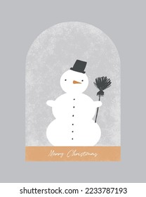 Feliz Navidad. Funny Fluffy Snowman. Bonita bola de nieve navideña con un muñeco de nieve de fondo gris. Ilustración vectorial de vacaciones de invierno para tarjeta, decoración.