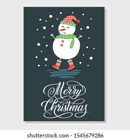 Merry Christmas funny greeting card with snowman and calligraphy sign. Holiday cartoon vector illustration on dark blue background. Colorful cute hand drawn template.