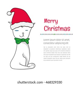 Merry Christmas funny greeting card, brochure or banner template (copy space for your text). White cat in a red Santa hat smiling. Vector line art illustration.