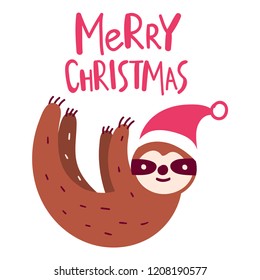 Merry christmas. Funny hand drawn sloth bear. Vector lettering illustration for postcard, t shirt, print, kids wear, stickers, posters design.
