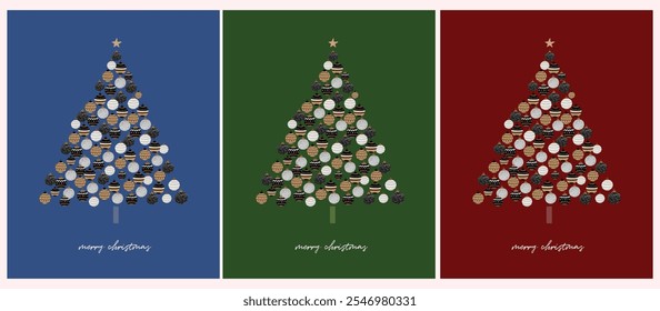 Merry Christmas. Funny Hand Drawn Christmas Wishes. Cute Vector Illustration of Funny Christmas Tree Made of Baubles, on a Red, Blue and Green Background. Set of 3 Infantile Drawing-like Xmas Cards.