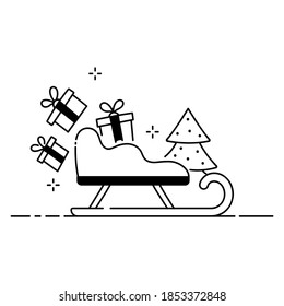 Feliz ilustración divertida de Navidad, composición navideña al estilo de las caricaturas. Sled, regalos y un icono plano en el árbol de Navidad