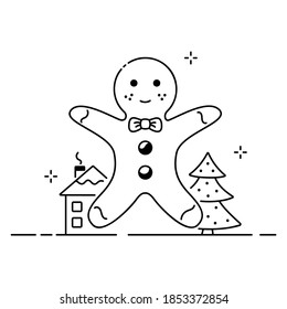 Merry christmas funny illustration, christmas composition in cartoon style. Gingerbread, house and christmas tree flat icon