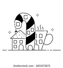 Merry Christmas funny illustration, Christmas composition in cartoon style. Lollipop and cup shaped house flat icon.
