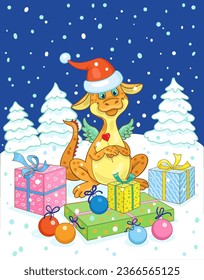 Merry Christmas! Funny little dragon in a red Santa hat with gift boxes and glass balls sits in a winter night glade. In cartoon style. Vector illustration.