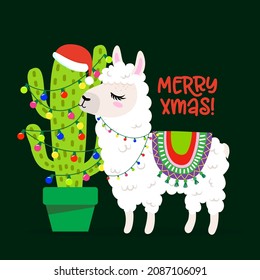 Merry Christmas - funny Llama with Cactus in Santa hat. Llama doodle draw. Adorable poster for Xmas party, good for t shirts gift, mug or print design. Winter Pajama decoration.