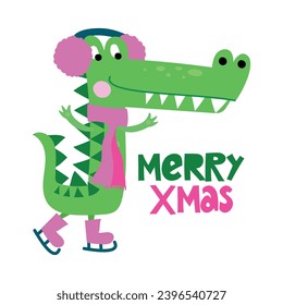 Merry Christmas - Funny phrase for Christmas with cute crocodile. Hand drawn lettering for Xmas greetings cards, invitations. Good for t-shirt, mug, scrap booking, gift.